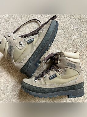 Vintage Meindl GoreTex Hiking Boots in Olive/Tan Vibram Sole mens 6.5 women’s 8